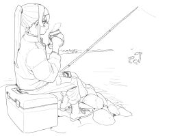 Rule 34 | 1boy, 1girl, alternate costume, animal, arms up, blue archive, blush, boots, cooler, cup, fish, fishing, fishing rod, from side, hairband, hands up, holding, holding animal, holding cup, holding fish, hot drink, jacket, lineart, long hair, monochrome, notice lines, open mouth, outdoors, pants, profile, rkgk ojisan, rock, sensei (blue archive), sidelocks, sitting, sitting on object, solo focus, steam, swimming, ui (blue archive), water, | |