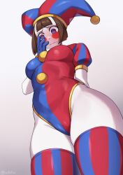 Rule 34 | 1girl, blue eyes, blue gloves, blush stickers, breasts, brown hair, colored skin, curvy, glitch productions, gloves, hat, hat bell, highleg, highleg leotard, highres, iwbitu, jester, jester cap, leotard, medium breasts, multicolored clothes, multicolored hat, pomni (the amazing digital circus), red eyes, shiny skin, solo, the amazing digital circus, thighhighs, two-tone eyes, two-tone sash, two-tone thighhighs, white skin, wide hips
