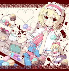 Rule 34 | 1girl, alice margatroid, blonde hair, blue eyes, blush, bow, cake, capelet, cookie, cup, cupcake, female focus, finger to mouth, food, fruit, hair bow, hairband, heart, kiwi (fruit), macaron, meiya neon, notebook, orange (fruit), pen, scissors, shanghai doll, short hair, sitting, solo, spoon, strawberry, sugar cube, teapot, thread, tiered tray, touhou