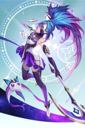 Rule 34 | 1girl, absurdres, akali, alternate costume, artist request, asymmetrical bangs, bare shoulders, black gloves, black mask, black thighhighs, blue hair, breasts, brooch, elbow gloves, eyelashes, eyeshadow, floating hair, full body, gloves, hair ornament, high ponytail, highres, holding, holding weapon, jewelry, league of legends, long hair, looking at viewer, makeup, mask, medium breasts, mouth mask, multicolored hair, official alternate costume, official art, ponytail, purple eyes, purple skirt, serious, sidelocks, skirt, sleeveless, solo, standing, standing on one leg, star guardian (league of legends), star guardian akali, star guardian pet, thighhighs, two-tone hair, v-shaped eyebrows, weapon