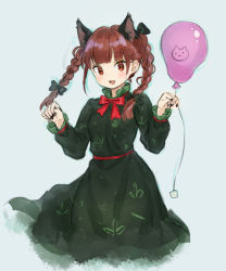 Rule 34 | 1girl, :3, ama-tou, animal ear fluff, animal ears, balloon, black bow, black nails, blue background, bow, bowtie, braid, cat, cat ears, cropped legs, dress, extra ears, fang, green dress, kaenbyou rin, nail polish, open mouth, red bow, red bowtie, red eyes, red hair, rope, simple background, slit pupils, smile, solo, touhou, twin braids