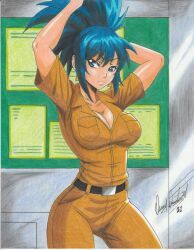 Rule 34 | 1girl, 2021, arms up, artist name, belt, blue eyes, blue hair, board, breasts, brown pants, brown shirt, cleavage, cowboy shot, earrings, female focus, high ponytail, highres, indoors, jewelry, large breasts, leona heidern, pants, ravernclouk design, shirt, short sleeves, sidelocks, snk, solo, standing, the king of fighters, traditional media, triangle earrings, v-shaped eyebrows