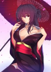 Rule 34 | 1girl, bare shoulders, black legwear, fate/grand order, fate (series), holding, holding umbrella, japanese clothes, kameponde, kimono, long hair, looking at viewer, naughty face, no bra, off shoulder, oil-paper umbrella, petals, purple eyes, purple hair, red eyes, scathach (fate), simple background, smile, solo, umbrella