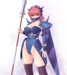 Rule 34 | 1girl, armor, breasts, cleavage, dragoon, dragoon (final fantasy), final fantasy, final fantasy v, green eyes, groin, helmet, holding, holding weapon, kirishima satoshi, large breasts, lenna charlotte tycoon, leotard, looking at viewer, pink hair, polearm, short hair, simple background, solo, spear, thighhighs, weapon, white background