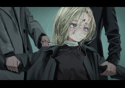 Rule 34 | 1girl, 2others, absurdres, black jacket, black sweater, blonde hair, blood, blood on face, closed mouth, fingernails, gishiki (gshk), grey eyes, highres, jacket, letterboxed, long sleeves, multiple others, original, outstretched arms, restrained, revision, solo focus, spread arms, sweater