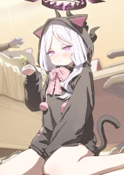 Rule 34 | 1girl, absurdres, animal ear hood, animal ears, applepie (12711019), bare legs, black hoodie, blue archive, blush, cat tail, demon horns, fake animal ears, grey hair, halo, highres, hina (blue archive), hood, hood up, hoodie, horns, indoors, looking at viewer, pink eyes, pom pom (clothes), sitting, solo, stuffed animal, stuffed cat, stuffed toy, tail, wariza