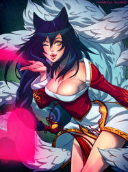 Rule 34 | 1girl, ahri (league of legends), animal ears, blowing kiss, breasts, cleavage, detached sleeves, fox ears, fox tail, heart, irahi, korean clothes, large breasts, league of legends, lips, long hair, multiple tails, one eye closed, puckered lips, showgirl skirt, solo, tail, watermark, web address, wink, yellow eyes