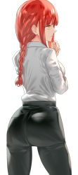 Rule 34 | 1girl, ass, back, black pants, braid, braided ponytail, breasts, chainsaw man, collared shirt, dress shirt, high-waist pants, highres, large breasts, long hair, long sleeves, makima (chainsaw man), pants, red hair, revision, ringed eyes, shirt, sidelocks, solo, thighs, uenoryoma, white background, white shirt, yellow eyes