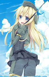Rule 34 | 10s, 1girl, absurdres, ass, black dress, blue eyes, blue sky, blush, cloud, cropped jacket, day, dress, from behind, garrison cap, hat, highres, kantai collection, long hair, looking at viewer, looking back, military, military hat, military uniform, open mouth, pantyhose, puffy sleeves, satou (kuso-neet), sky, solo, u-511 (kancolle), uniform, wading, wavy mouth