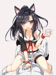 Rule 34 | 1girl, :d, animal ears, azur lane, black hair, blush, breasts, cellphone, cleavage, collarbone, commander (azur lane), commentary request, cowgirl position, girl on top, highres, holding, implied sex, koda (kodadada), long hair, looking at viewer, lying, medium breasts, military, military uniform, nail polish, naval uniform, navel, open mouth, phone, pleated skirt, ponytail, pov, red eyes, school uniform, serafuku, shigure (azur lane), simple background, sitting, sitting on person, skirt, smartphone, smile, straddling, sweat, translation request, uniform, wolf ears, wristband