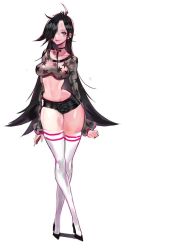 Rule 34 | 1girl, arms at sides, bad id, bad pixiv id, black footwear, black hair, black neckwear, black shorts, breasts, breasts apart, brown eyes, choker, collarbone, contrapposto, covered erect nipples, crop top, crossed legs, eyelashes, full body, groin, hair over one eye, high heels, highleg shorts, long hair, long sleeves, looking at viewer, medium breasts, midriff, milin (orange maru), mole, mole under mouth, navel, nipples, original, see-through, shoes, short shorts, shorts, simple background, skindentation, smile, solo, standing, star (symbol), star print, stomach, thighhighs, very long hair, watson cross, white background, white thighhighs