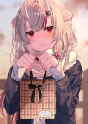 Rule 34 | 1girl, alternate costume, bag, blazer, blush, breath, buttoned cuffs, commentary request, demon horns, english text, engrish text, gabuchi, happy valentine, highres, holding, holding bag, hololive, horns, jacket, long hair, looking at viewer, multicolored hair, nakiri ayame, oni, paper bag, ranguage, reaching, reaching towards viewer, red eyes, scarf, school uniform, shy, solo, streaked hair, valentine, virtual youtuber, white hair, white scarf