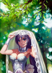 Rule 34 | 10s, 1girl, armpits, arms up, bad id, bad pixiv id, bare shoulders, blue eyes, blurry, bokeh, breasts, bridal veil, bride, choker, cleavage, collar, dappled sunlight, day, depth of field, dress, green eyes, highres, large breasts, leaf, long hair, looking at viewer, love live!, love live! school idol festival, love live! school idol project, mz ming, nature, outdoors, plant, purple hair, see-through, smile, solo, strapless, strapless dress, sunlight, tojo nozomi, tree, upper body, veil, wedding dress, wrist cuffs, wristband