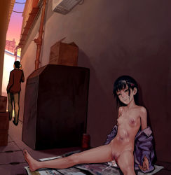 Rule 34 | 1boy, 1girl, aftersex, as109, bad id, bad pixiv id, barefoot, black hair, blood, bottomless, breasts, after rape, bruise, crying, crying with eyes open, cum, cum in pussy, cum on body, cum on hair, defloration, facial, green eyes, injury, long hair, md5 mismatch, nipples, open clothes, open shirt, pussy, shirt, shoujo to ura roji, small breasts, tears, uncensored, yellow eyes
