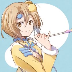 Rule 34 | 1girl, blue background, brown eyes, brown hair, circlet, closed mouth, hair bobbles, hair ornament, holding, holding wand, looking at viewer, mishiro (andante), norma beatty, shirt, short hair, simple background, smile, solo, tales of (series), tales of legendia, upper body, wand, yellow shirt