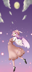 Rule 34 | 1girl, animal ears, cloud, dress, earrings, female focus, flying, full body, hat, highres, jewelry, moon, mystia lorelei, night, okachi, open mouth, orange eyes, outdoors, outstretched arms, pink hair, short hair, sky, solo, spread arms, touhou, wings, wink