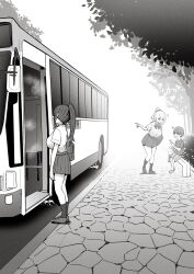 Rule 34 | 1boy, 2girls, ^^^, bag, breasts, bus, child, commentary, greyscale, highres, holding, holding phone, large breasts, monochrome, motor vehicle, multiple girls, notice lines, original, outdoors, phone, pointing, ponytail, road, school bag, school uniform, shirt tucked in, sidewalk, sitting, sky-freedom, tree