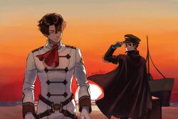 Rule 34 | 2boys, ace attorney, artist name, ascot, beach, belt, black cape, black eyes, black hair, black jacket, brown belt, brown hair, cape, gloves, hand on headwear, jacket, kazuma asogi, killerohan, long sleeves, looking at another, male focus, multiple boys, one eye closed, outdoors, red ascot, ryunosuke naruhodo, ship, short hair, sky, smile, standing, sunset, the great ace attorney, tight clothes, watercraft, white gloves, white jacket