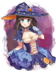 Rule 34 | 1girl, :q, asahina kokomi, battle girl high school, blue bow, blue dress, blue gloves, blue hat, blush, bow, breasts, cleavage, closed mouth, collarbone, commentary request, dress, gloves, hair bow, hand up, hat, head tilt, highres, jack-o&#039;-lantern, kiyosato 0928, long hair, looking at viewer, medium breasts, print headwear, puffy short sleeves, puffy sleeves, short sleeves, skirt hold, smile, solo, star (symbol), star print, tongue, tongue out, witch hat
