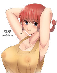 Rule 34 | 1girl, absurdres, armpits, arms behind head, arms up, bad id, bad pixiv id, blouse, blue eyes, blush, braid, braided ponytail, breasts, cleavage, closed mouth, english text, genderswap, genderswap (mtf), hair tie, highres, large breasts, looking at viewer, medium hair, nipples, ranma-chan, ranma 1/2, red hair, saotome ranma, see-through, shirt, simple background, single braid, smile, solo, tank top, upper body, white background, yellow shirt, z666ful