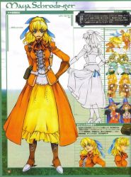 Rule 34 | 1girl, belt, blonde hair, blue eyes, boots, bow, character name, collar, cosplay, dress, dual persona, full body, gloves, hand on own hip, hat, high heels, hip focus, jacket, long hair, maya schrodinger, official art, ooba wakako, orange dress, ponytail, ribbon, scan, scan artifacts, shoes, short hair, sketch, smile, solo, wild arms, wild arms 3, witch, witch hat