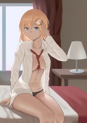 Rule 34 | 1girl, absurdres, adjusting hair, areola slip, bedside, between breasts, black panties, blonde hair, blue eyes, breasts, cleavage, closed mouth, dress shirt, hair ornament, highres, hololive, hololive english, indoors, large breasts, looking at viewer, loose necktie, medium hair, navel, necktie, necktie between breasts, no bra, open clothes, open shirt, panties, see-through silhouette, shift (shiftillust), shirt, sitting, smile, solo, underwear, virtual youtuber, watson amelia