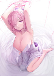 1girl armpits artoria_pendragon_(all) artoria_pendragon_(fate) bare_shoulders breasts cleavage collarbone dress fate/grand_order fate_(series) hair_over_one_eye highres hyury large_breasts legs light_purple_hair looking_at_viewer mash_kyrielight official_alternate_costume purple_eyes saber_(fate) short_hair sitting solo wariza white_dress