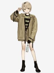 Rule 34 | 1girl, ankle boots, arm up, black footwear, black shirt, boots, bottle, brown eyes, brown shorts, closed mouth, collared jacket, full body, highres, holding, holding bottle, jacket, key, light brown hair, long sleeves, looking at viewer, original, sakauchi waka, shirt, short hair, shorts, simple background, sleeves past fingers, sleeves past wrists, solo, striped clothes, striped shirt, tachi-e, two-tone shirt, white background, yellow shirt