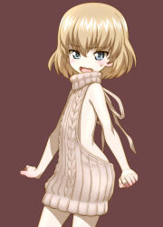 Rule 34 | 10s, 1girl, aran sweater, backless dress, backless outfit, bare shoulders, blonde hair, blue eyes, blush, brown background, cable knit, cowboy shot, dress, fang, female focus, flat chest, from side, girls und panzer, hair between eyes, halterneck, highres, katyusha (girls und panzer), looking at viewer, meme attire, minazuki juuzou, naked sweater, open mouth, ribbed sweater, short hair, simple background, solo, sweatdrop, sweater, sweater dress, turtleneck, turtleneck sweater, virgin killer sweater