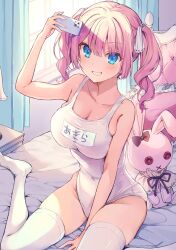 Rule 34 | 1girl, arm support, bcoca, blue eyes, highres, on bed, one-piece swimsuit, original, phone, purple hair, sitting, solo, swimsuit, thighhighs, wariza, white thighhighs