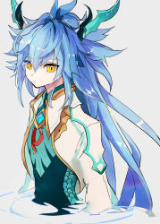 Rule 34 | 1boy, absurdres, androgynous, armor, blue hair, closed mouth, denif (elsword), dragon boy, dragon horns, elsword, highres, horns, kurayuki0404, long hair, long sleeves, looking at viewer, male focus, pointy ears, ponytail, solo, white background, yellow eyes