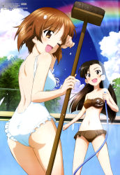Rule 34 | 10s, 2girls, absurdres, ass, bikini, black eyes, black hair, breasts, broom, brown bikini, brown eyes, brown hair, cloud, day, empty pool, girls und panzer, highres, hose, long hair, medium breasts, megami magazine, multiple girls, nishi kinuyo, nishizumi miho, non-web source, official art, one-piece swimsuit, one eye closed, open mouth, outdoors, pool, rainbow, short hair, sky, small breasts, splashing, sugimoto isao, swimsuit, water, wet, white one-piece swimsuit