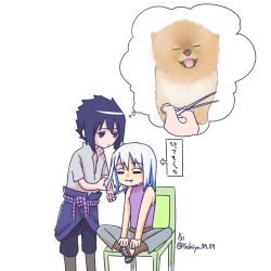 Rule 34 | belt, black eyes, black hair, blue streaks, brown belt, closed eyes, crossed legs, cutting hair, dark blue pants, dog, eyebrows visble through hair, green chair, grey pants, grey shirt, hands on own legs, holding, holding hair, hoozuki suigetsu, japanese text, multiple boys, naruto (series), naruto shippuuden, pants, purple shirt, rope belt, scissors, shirt, short sleeves, sitting in chair, slightly open shirt, smile, thought bubble, tooth sticking out of mouth, translated, uchiha sasuke, white background, white hair