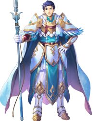 Rule 34 | 1boy, blue cape, blue eyes, blue hair, cape, feather trim, fire emblem, fire emblem: the blazing blade, fire emblem heroes, gloves, hair slicked back, hector (brave warrior) (fire emblem), hector (brave warrior) (resplendent) (fire emblem), hector (fire emblem), highres, holding, holding polearm, holding weapon, looking at viewer, motsutsu, nintendo, non-web source, official art, pelvic curtain, polearm, smile, solo, tachi-e, weapon, white gloves