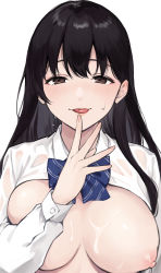 Rule 34 | 1girl, :p, black hair, blue bow, blue bowtie, blush, bow, bowtie, breasts, brown eyes, buttoned cuffs, buttons, cleavage, closed mouth, collared shirt, cum, cum on body, cum on breasts, cum on upper body, diagonal-striped bow, diagonal-striped bowtie, diagonal-striped clothes, diagonal-striped neckwear, dress shirt, finger to mouth, fingernails, half-closed eyes, hand up, highres, large breasts, long hair, long sleeves, looking at viewer, miyabe kiwi, nipples, open clothes, open shirt, original, see-through, shirt, sidelocks, simple background, solo, striped bow, striped bowtie, striped clothes, striped neckwear, sweat, tongue, tongue out, upper body, wet, wet clothes, wet shirt, white background, white shirt