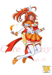 Rule 34 | 10s, 1girl, :d, adapted costume, alternate hairstyle, anniversary, arm warmers, arudebido, boots, bow, brooch, character name, copyright name, cure sunny, frills, full body, hair ornament, hairpin, half updo, hino akane (smile precure!), jewelry, magical girl, aged up, open mouth, orange hair, orange skirt, orange theme, ponytail, precure, red eyes, ribbon, short hair, skirt, smile, smile precure!, solo, thigh boots, thighhighs, white background, white thighhighs