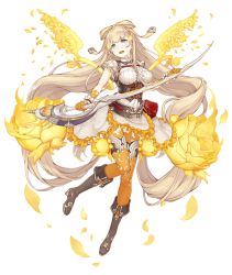 Rule 34 | 1girl, :d, belt, belt pouch, blonde hair, blue eyes, boots, bow, breasts, corset, dress, frilled dress, frills, full body, hair bow, ji no, large breasts, long hair, official art, open mouth, petals, pouch, rapunzel (sinoalice), sinoalice, smile, solo, sword, teeth, transparent background, upper teeth only, very long hair, weapon