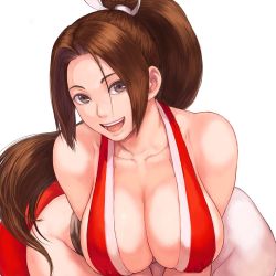Rule 34 | 1girl, bare shoulders, breasts, brown eyes, brown hair, cleavage, collarbone, commentary request, covered erect nipples, fatal fury, japanese clothes, large breasts, leaning forward, looking at viewer, ninja, no bra, open mouth, parted bangs, ponytail, revealing clothes, shiny skin, shiranui mai, shu-mai, simple background, sleeveless, smile, snk, solo, the king of fighters, thighs, white background, wide hips