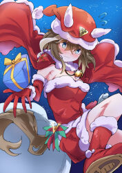 Rule 34 | 1girl, animal ears, bell, blue eyes, blush, boots, bright pupils, brown hair, cape, capelet, cheval grand (umamusume), christmas, closed mouth, dress, floating, frown, fur-trimmed cape, fur-trimmed dress, fur-trimmed footwear, fur-trimmed gloves, fur-trimmed headwear, fur trim, gift, gloves, hat, hat with ears, horse ears, horse girl, horse tail, jewelry, looking at viewer, medium hair, multicolored hair, necklace, night, night sky, nodachi (artist), outdoors, red capelet, red gloves, sack, santa boots, santa dress, santa gloves, santa hat, sky, solo, star (sky), starry sky, strapless, strapless dress, streaked hair, tail, umamusume, white pupils