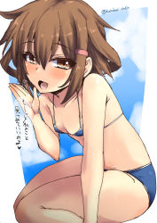 Rule 34 | 10s, 1girl, bare shoulders, bikini, blue bikini, blush, breasts, brown hair, collarbone, fang, hair between eyes, hair ornament, hairclip, ikazuchi (kancolle), kantai collection, looking at viewer, micro bikini, open mouth, shinshin, short hair, sitting, small breasts, solo, swimsuit, translation request, twitter username