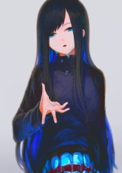 Rule 34 | 1girl, absurdres, black hair, blue eyes, blue hair, borrowed character, crying, dripping, extra mouth, grey background, highres, long hair, momokumo, multicolored hair, open mouth, original, saliva, simple background, solo, tears, teeth, turtleneck, uosaki (muki), upper body