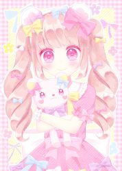 Rule 34 | 1girl, animal ears, bear ears, blue bow, blush, bow, closed mouth, commentary request, dress, drill hair, frilled shirt collar, frills, hair bow, head tilt, heart, heart in eye, himetsuki luna, light brown hair, long hair, looking at viewer, hugging object, original, pink bow, pink dress, pink eyes, plaid, polka dot, polka dot dress, puffy short sleeves, puffy sleeves, short sleeves, smile, solo, stuffed animal, stuffed toy, symbol in eye, teddy bear, twin drills, twintails, very long hair, white bow, yellow bow