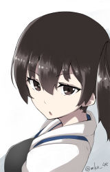 Rule 34 | 10s, 1girl, :o, black eyes, black hair, kaga (kancolle), kantai collection, looking at viewer, looking back, mku, side ponytail, solo, twitter username, upper body