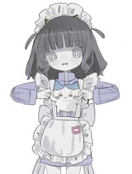 Rule 34 | 1girl, :3, apron, blunt bangs, blush, bright pupils, cheek pull, chiikawa, frilled apron, frills, frown, grey eyes, grey hair, hachiware (chiikawa), highres, horns, hougetsu (moon neetcat), jacket, jersey maid, long sleeves, maid, maid headdress, oni horns, open mouth, original, pale skin, purple jacket, simple background, solo, standing, striped horns, two side up, unconventional maid, waist apron, white apron, white background, white pupils
