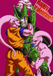 Rule 34 | 2boys, buu, candy, cell (dragon ball), clone, dragon ball, dragonball z, food, licking, majin buu, male focus, monster, multiple boys, pocky, red eyes, sweat, tentacles, tentacles on male, tongue, valentine, yaoi