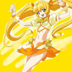 Rule 34 | 10s, 1girl, blonde hair, bow, brown eyes, brown hair, cure sunshine, dress, heartcatch precure!, legs, long hair, magical girl, makacoon, midriff, myoudouin itsuki, orange dress, orange skirt, precure, skirt, solo, twintails, yellow background, yellow bow, yellow theme