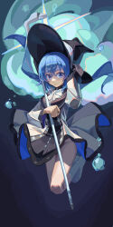 Rule 34 | 1girl, absurdres, air bubble, black dress, blue eyes, blue hair, bubble, dress, eyebrows hidden by hair, flat chest, full body, groin, hair between eyes, hand on headwear, hat, highres, holding, holding staff, looking to the side, lynlanmist, mage staff, mushoku tensei, neck ribbon, no panties, open mouth, ribbon, roxy migurdia, short hair, socks, solo, staff, two-tone dress, underwater, white dress, white ribbon, white socks, witch hat