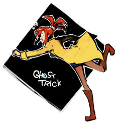 Rule 34 | 1girl, boots, copyright name, dress, full body, ghost trick, imigimuru, jacket, lynne (ghost trick), open mouth, pantyhose, ponytail, red hair, solo, white background
