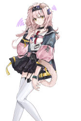 Rule 34 | 1girl, animal ears, arknights, black bow, black choker, black hairband, black skirt, bow, braid, cat ears, cat girl, cat tail, choker, closed mouth, clothes writing, eggkiller, english text, feet out of frame, garter straps, goldenglow (arknights), hair bow, hairband, highres, id card, jacket, lightning bolt print, long hair, long sleeves, looking at viewer, multicolored clothes, multicolored jacket, open clothes, open jacket, pink hair, scissors, shirt, side braid, simple background, skirt, solo, squiggle, standing, striped clothes, striped thighhighs, tail, thighhighs, two-tone jacket, vertical-striped clothes, vertical-striped thighhighs, white background, white shirt, white thighhighs, yellow eyes, zettai ryouiki