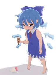 Rule 34 | 1girl, absurdres, barefoot, blue dress, blue eyes, blue hair, bow, cirno, collared dress, commentary, dress, english commentary, esthoric, food, hair bow, highres, ice cream, melting, neck ribbon, pinafore dress, ribbon, short hair, simple background, sleeveless, sleeveless dress, solo, standing, tears, touhou, white background